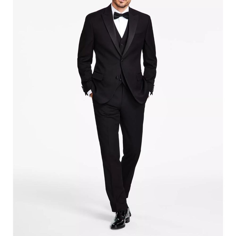 Alfani Mens Slim fit 2-pc Tuxedo Suit Jacket 42R Black Solid Pants 38W 30L